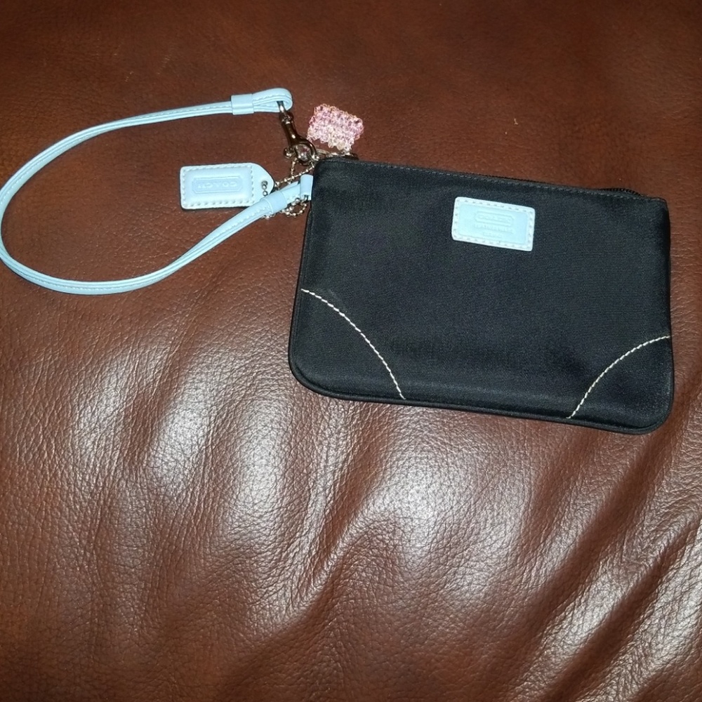 Coach wristlet black  with teal strap